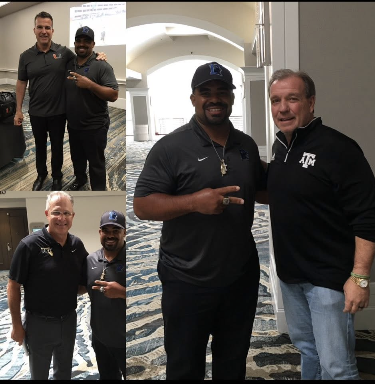 Coach Tally Adams with Mario Cristobal (Miami), Jimbo Fisher (Texas A&M), and Gus Malzahn (UCF/Auburn)
